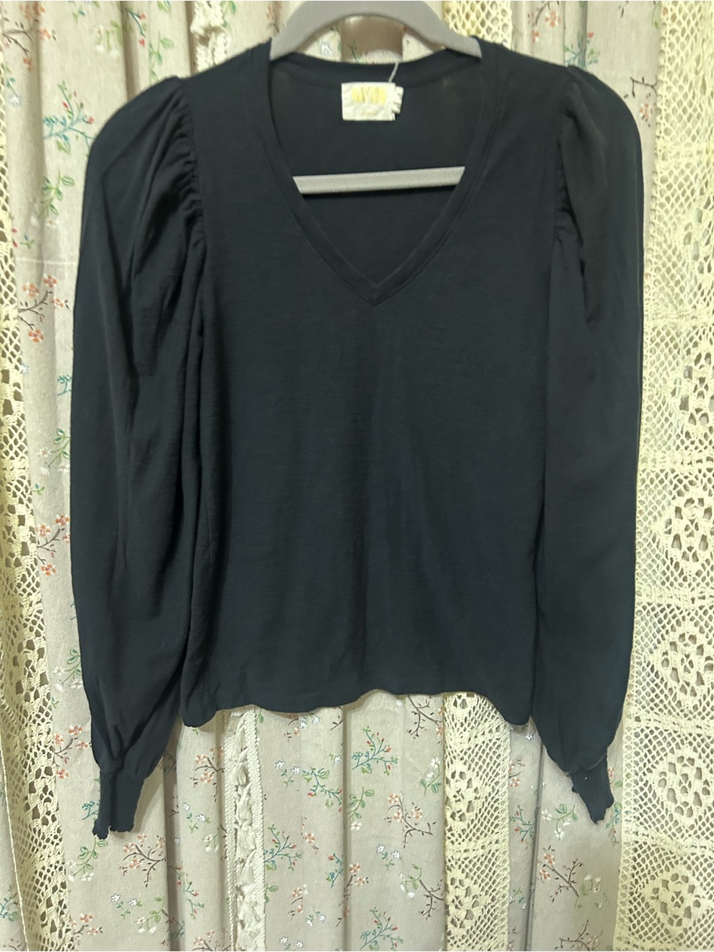 Nation LTD Black Pima Cotton Puff Sleeve V-Neck Long Sleeve Top XS